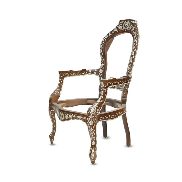 Angled Side View of Thick Wood Arabian Chair with Mother Of Pearl Inlays