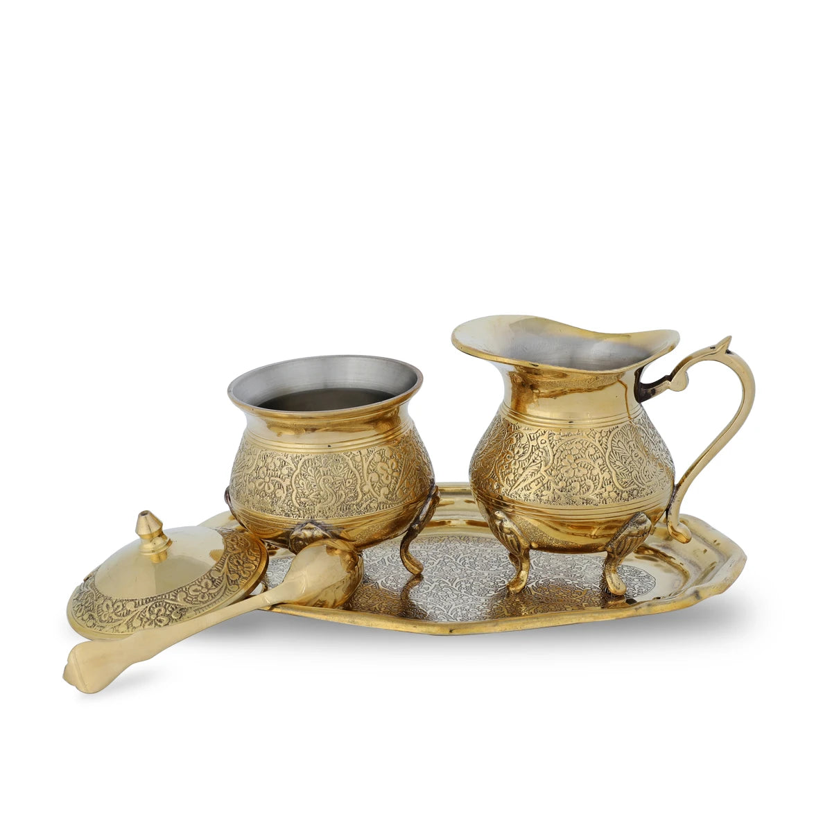 Flat View of Traditional Brass Creamer Set - Gold With Open Lids