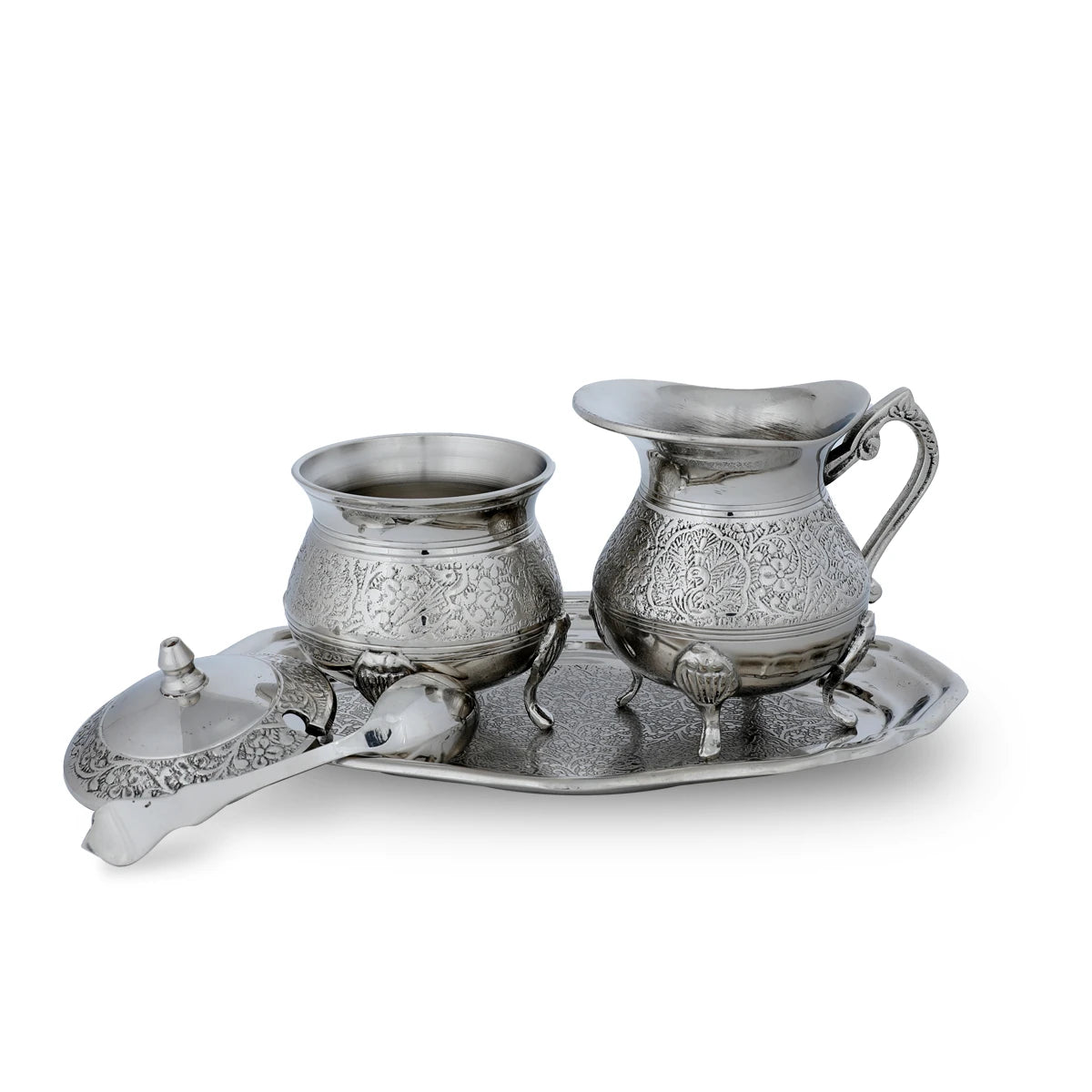 Flat View of Traditional Brass Creamer Set - Silver with Open Lid