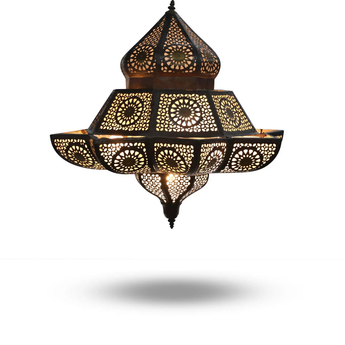 Front View of Traditional Syrian Brass Ceiling Pendant with Bulbs On