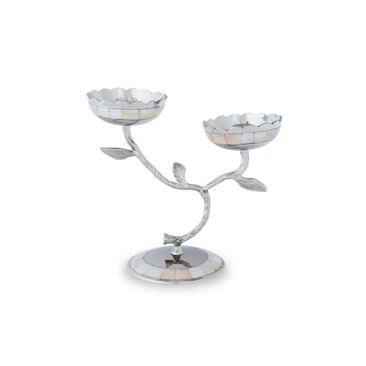 Straight View of Tree Branch Shaped Brass Candle Stand - Silver