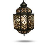 Front View of Vintage Arabian Ceiling Light Showcasing Exquisite Open Cutworks with lights on