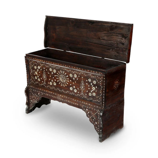 Angled Side View of Vintage Arabic Solid Wooden Console with Open Top