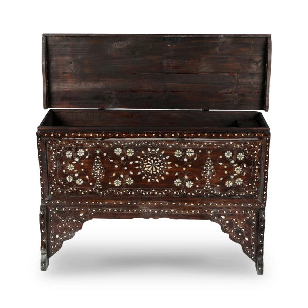 Front View of Angled Side View of Vintage Arabic Solid Wooden Console with Open Top