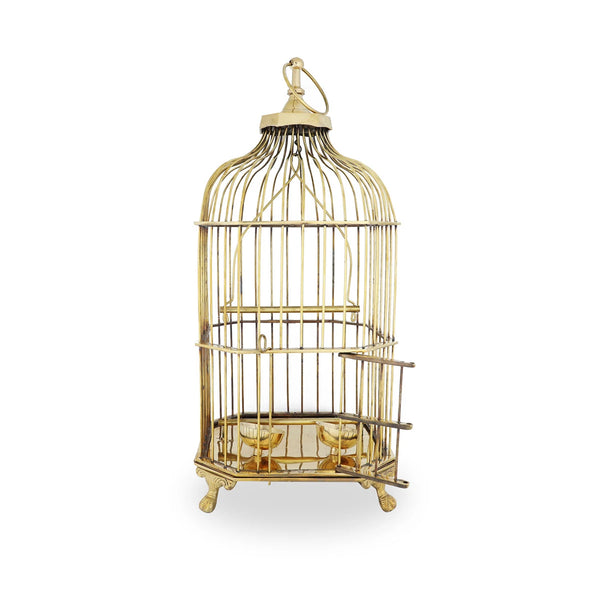 Front View Vintage Brass Birdcage - Gold with Open Grill