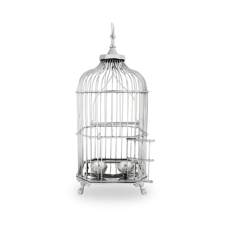 Front View Vintage Brass Birdcage - Silver with Open Grill