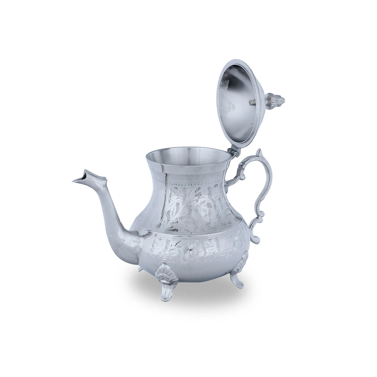 Angled Side View of Glossy Silver Vintage Brass Teapot with Open Top