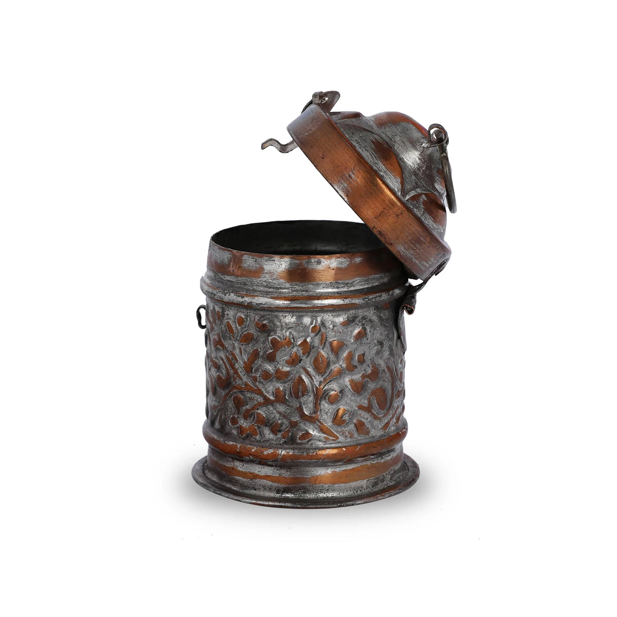 Front View of Vintage Copper Décor Piece with Open Lid