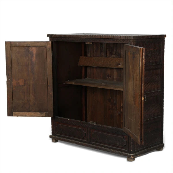 Angled View of Vintage Wood Cabinet with Open Doors