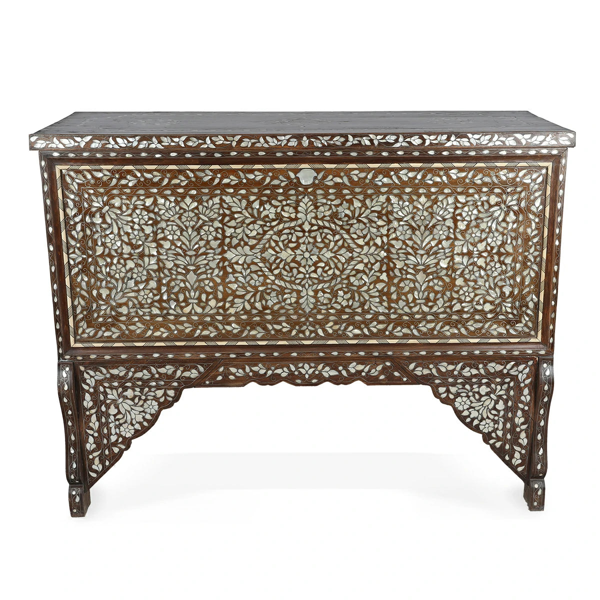 Font View of Vintage Wood & Mother of Pearl Patterned Console