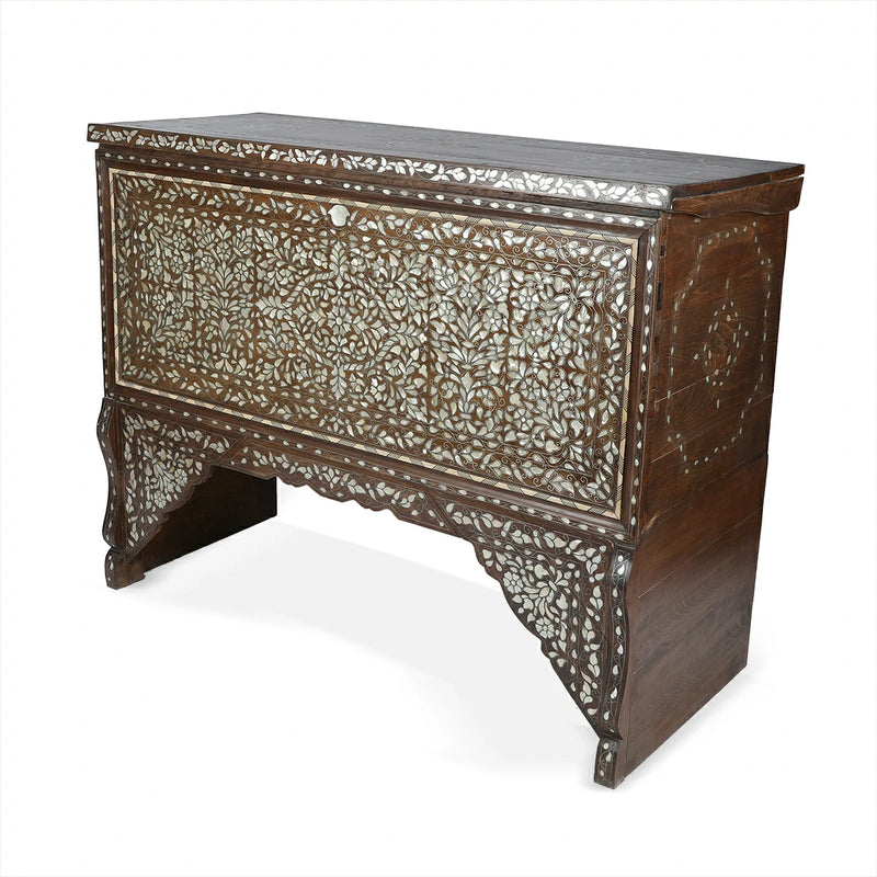 Angled Side View of Vintage Wood & Mother of Pearl Patterned Console