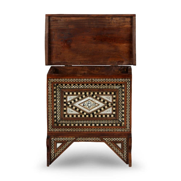 Front View Handcrafted Mother of Pearl Inlaid Trunk Box with Open Top