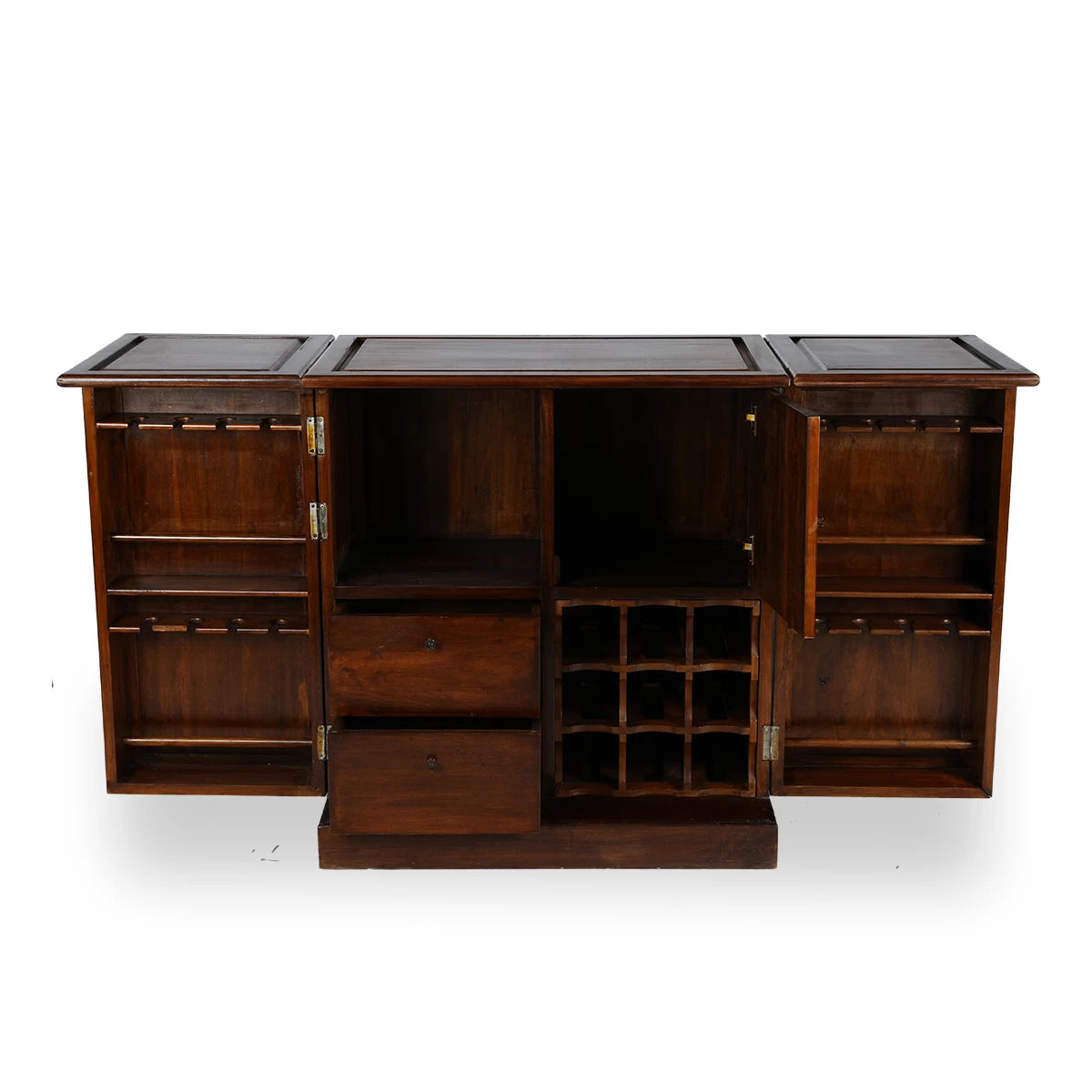 Inside View of Wooden Bar Counter Cabinet with Beverage Storage Compartments