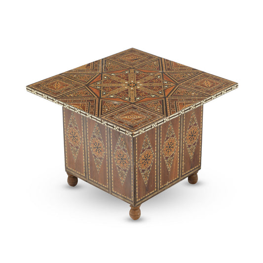 Angled Corner View of Wooden Mosaic Flat top Coffee Table