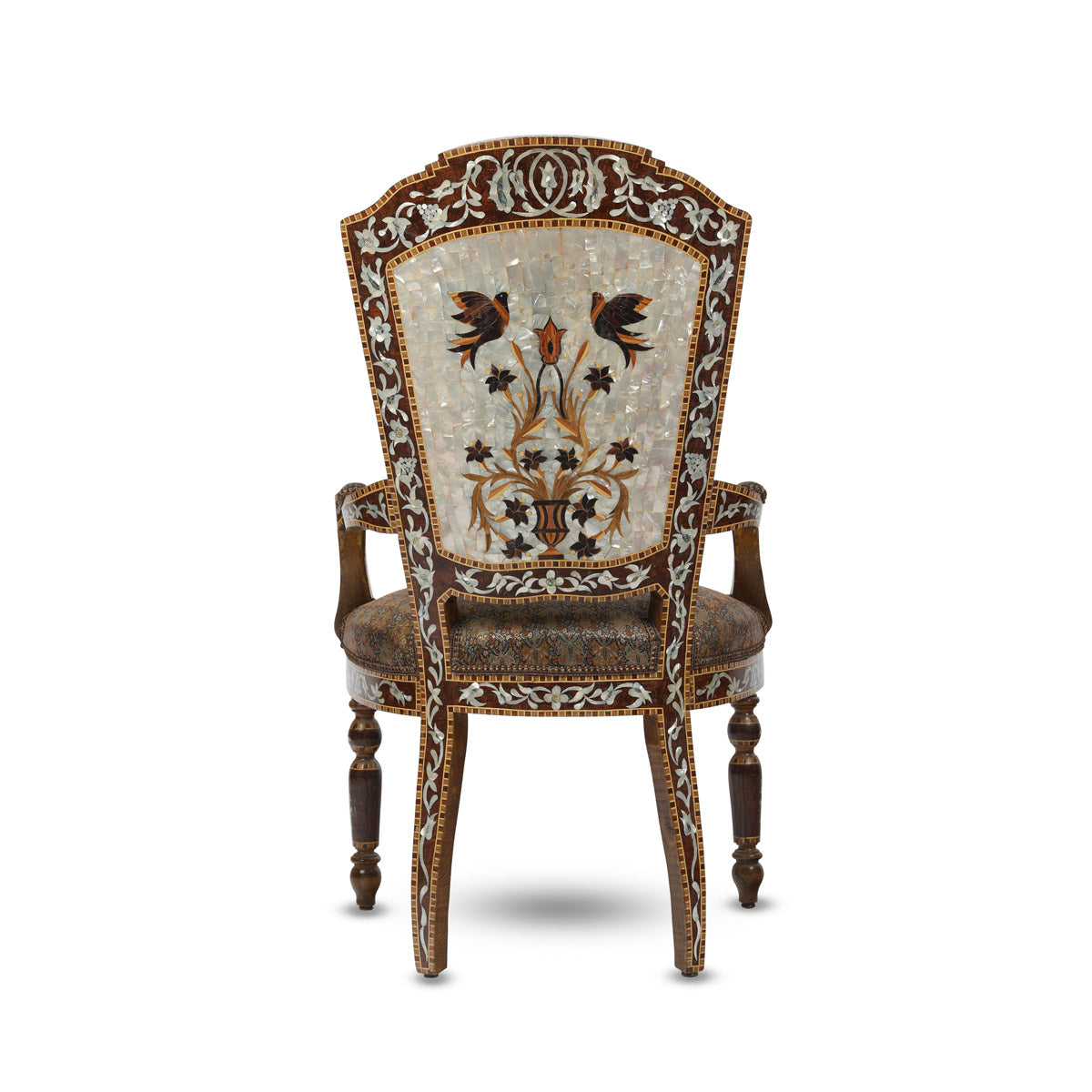 Back View of Wooden Mother of Pearl Inlaid Arabic Armchair