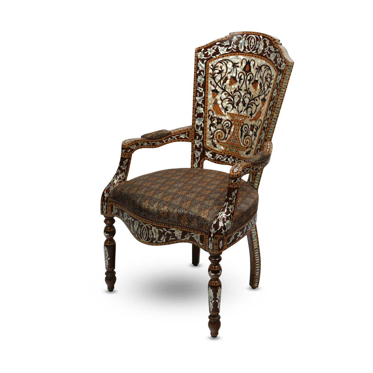 Angled Side View of Wooden Mother of Pearl Inlaid Arabic Armchair