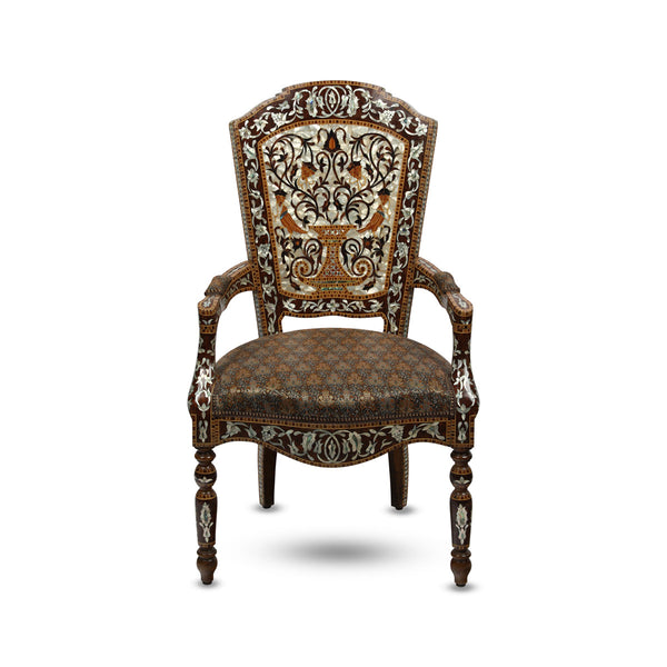 Front View of Wooden Mother of Pearl Inlaid Arabic Armchair
