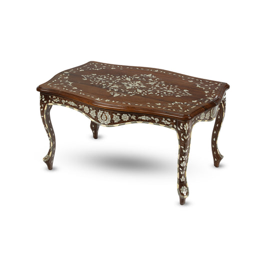 Angled Side View of Handcrafted Mother of Pearl Inlaid Rectangular Table
