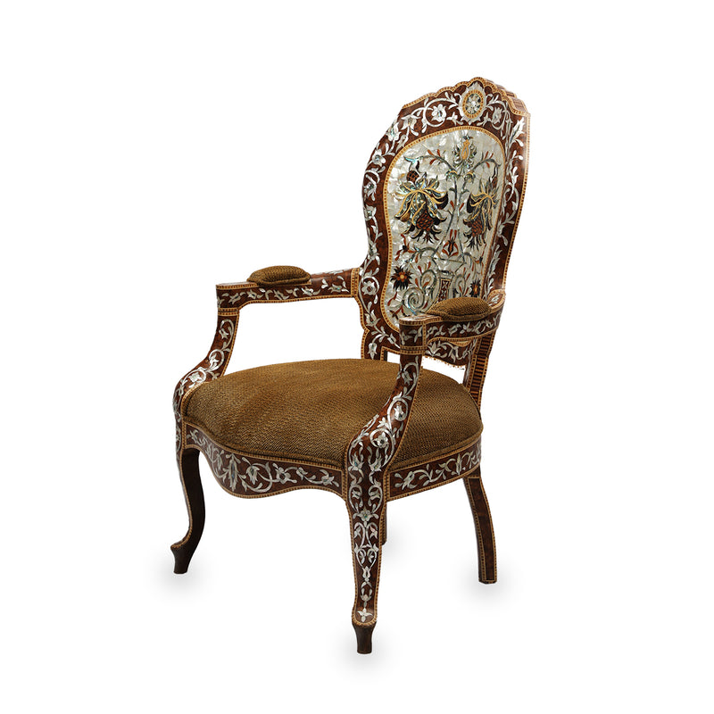 Angled Side View of 20th Century Syrian Armchair with Mother of Pearl Inlays