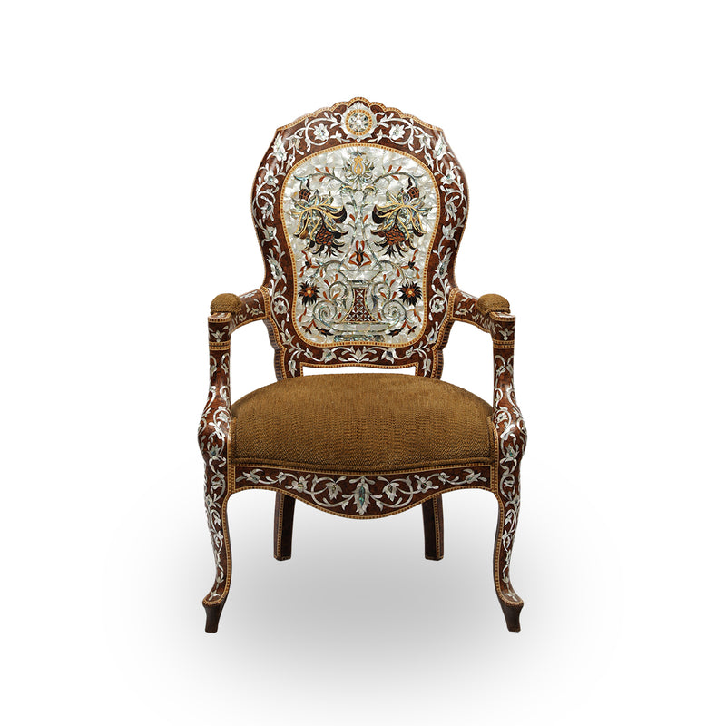 Front View of 20th Century Syrian Armchair with Mother of Pearl Inlays