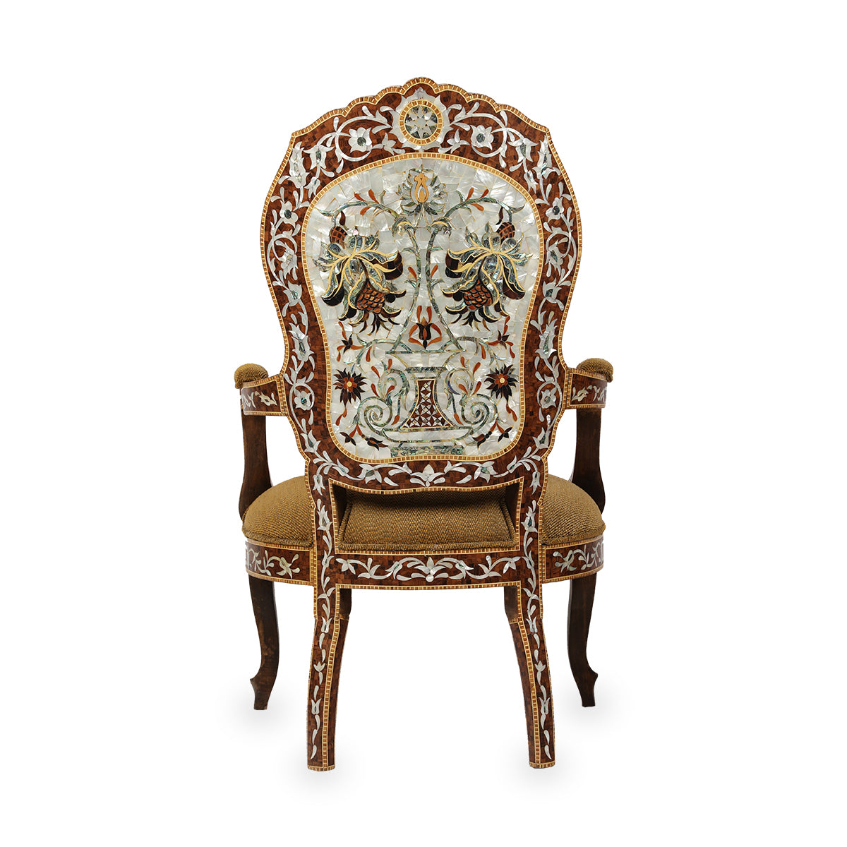 Back View of 20th Century Syrian Armchair with Mother of Pearl Inlays Showcasing Exquisite inlay patterns