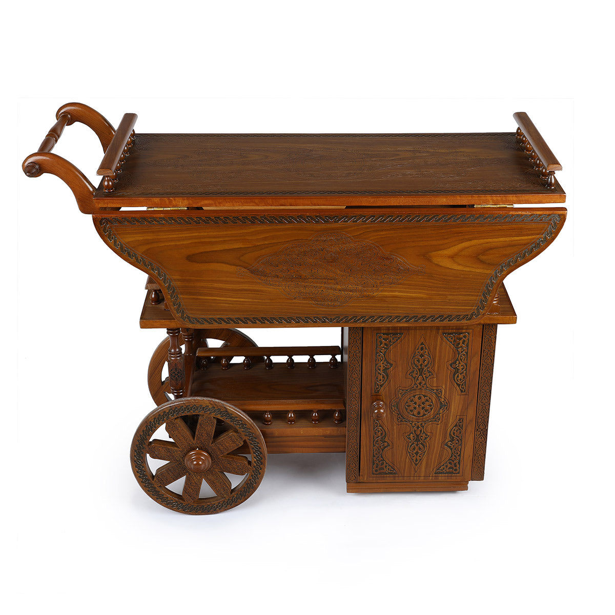 Side View of Intricately Carved Wooden Trolley