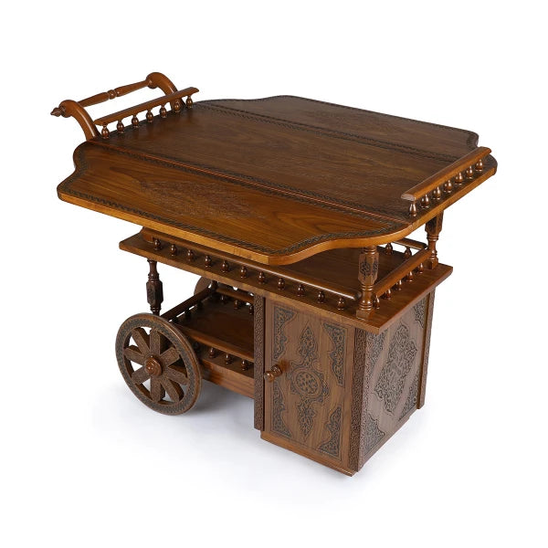 Angled Side View of Intricately Carved Wooden Trolley